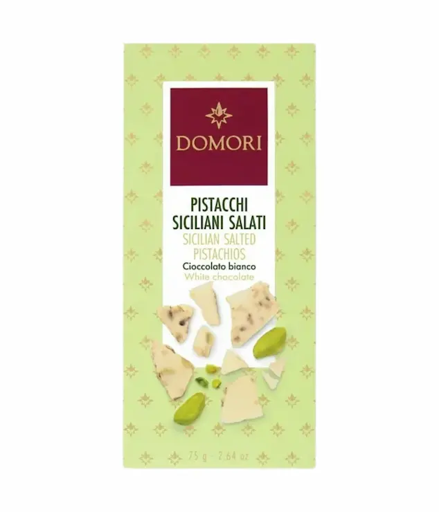 Domori Anthology biela čokoláda s kakaom Criollo a so solenými pistáciami zo Sicílie 75 g